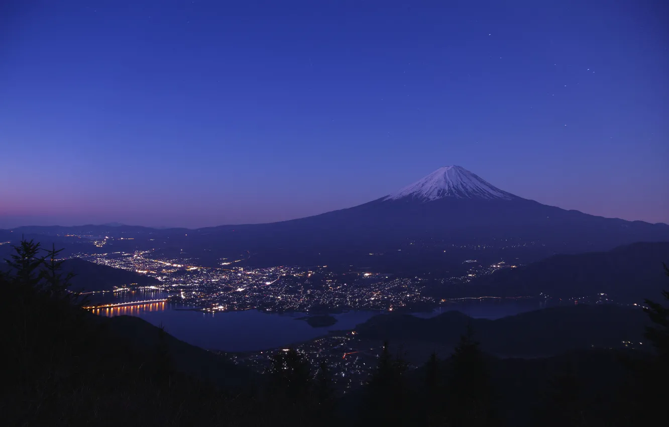 Photo wallpaper the sky, mountains, the city, lights, lake, the evening, Japan, Fuji