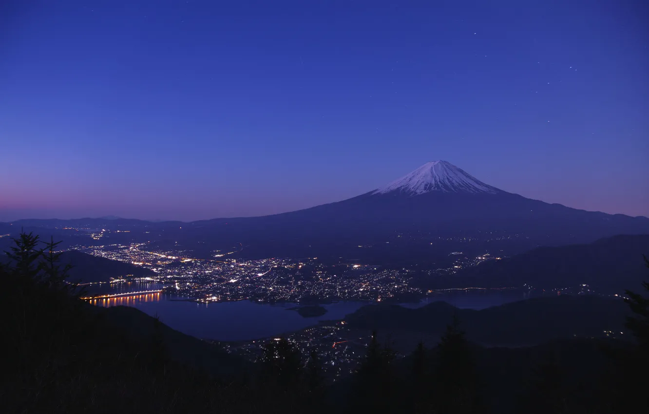 Photo wallpaper the sky, the city, lights, lake, mountain, the evening, Japan, Fuji