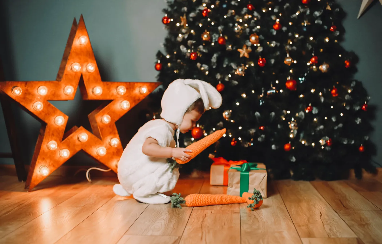 Photo wallpaper stars, children, holiday, box, gift, tree, new year, costume