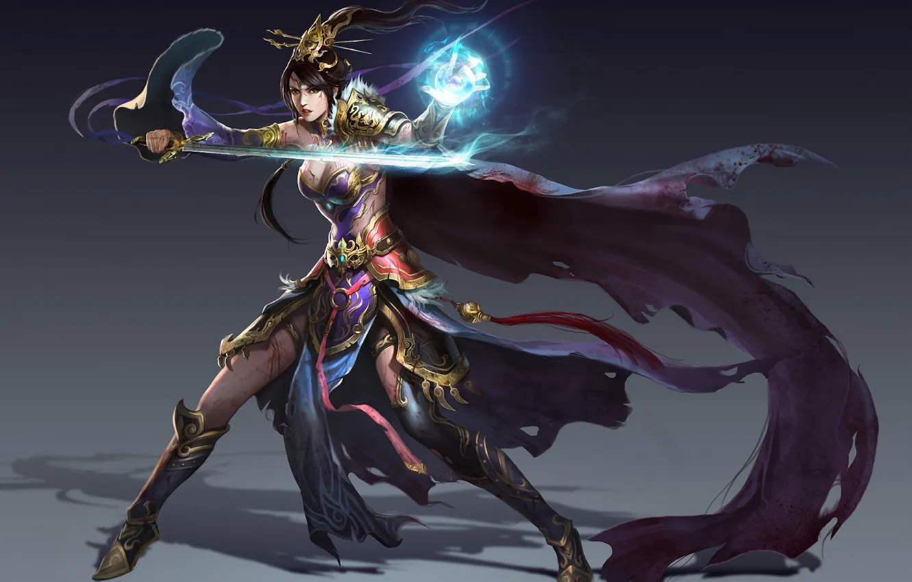 Photo wallpaper girl, background, magic, sword, fantasy, art, MAG, cloak
