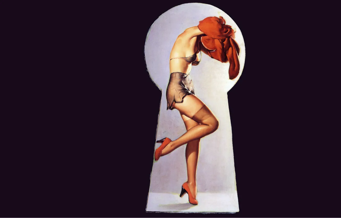 Photo wallpaper girl, stockings, red dress, underwear, art, pin-up, keyhole, voyeurism