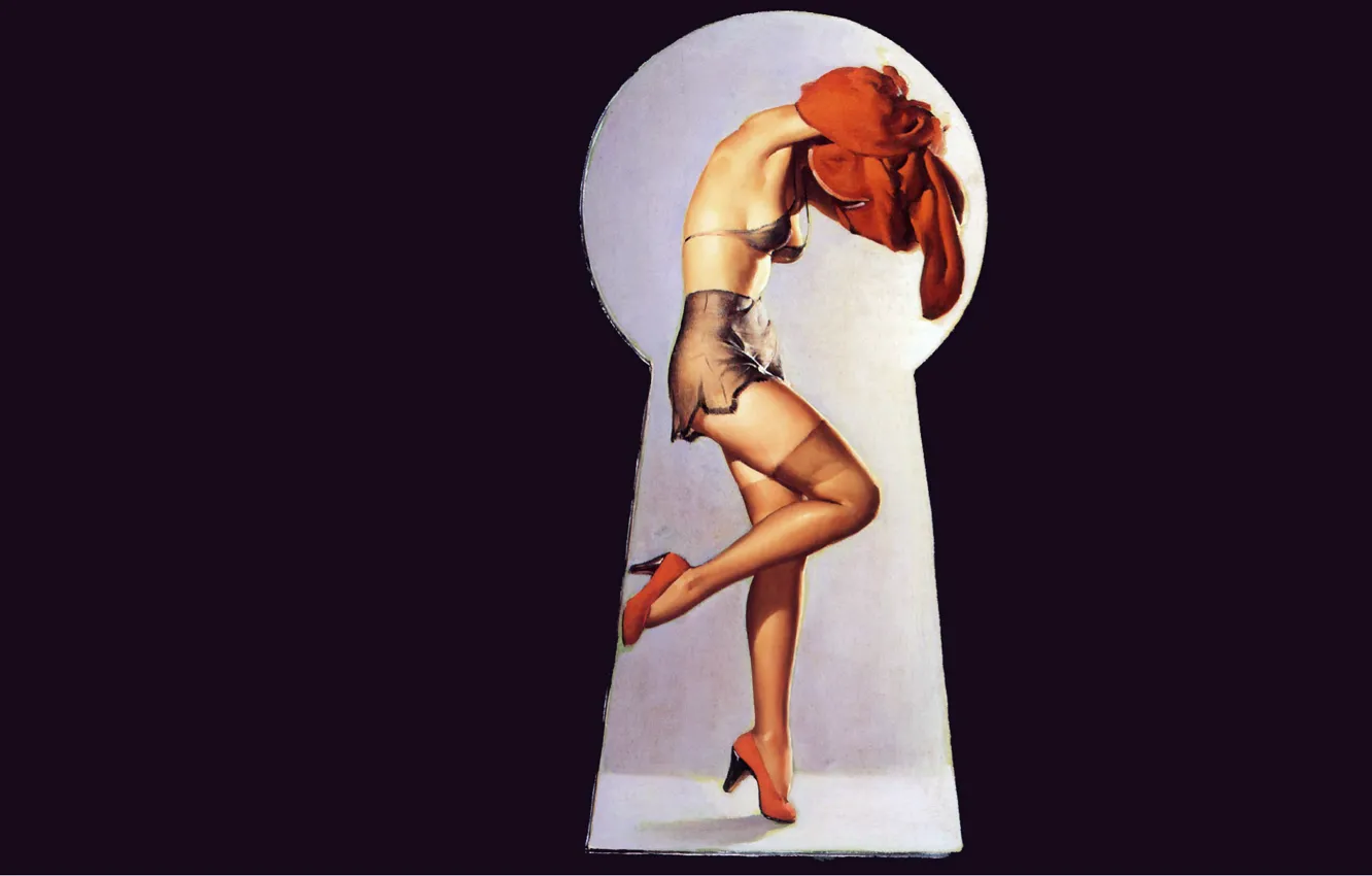 Photo wallpaper girl, stockings, underwear, red dress, art, pin-up, keyhole, voyeurism