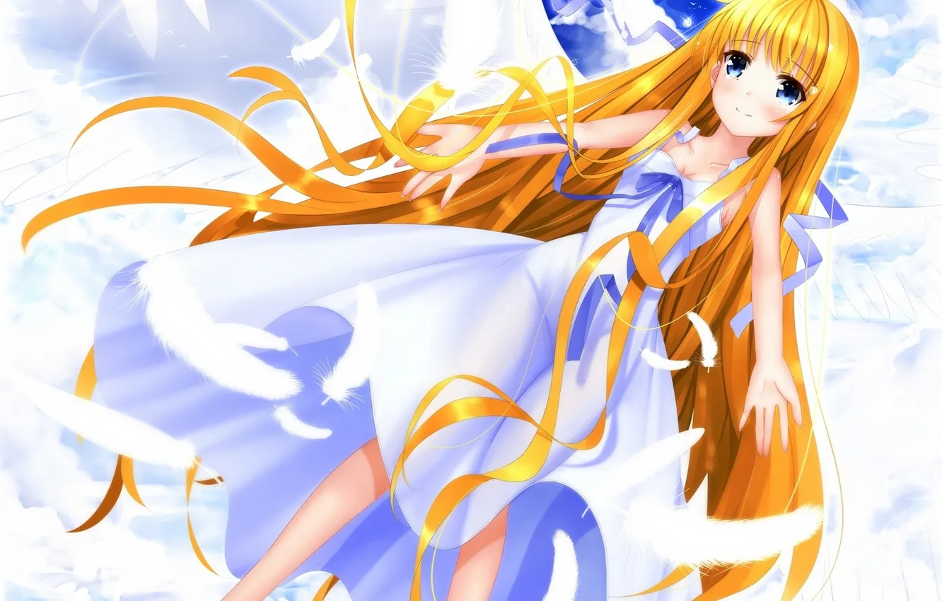 Photo wallpaper the sky, girl, clouds, smile, wings, anime, feathers, art