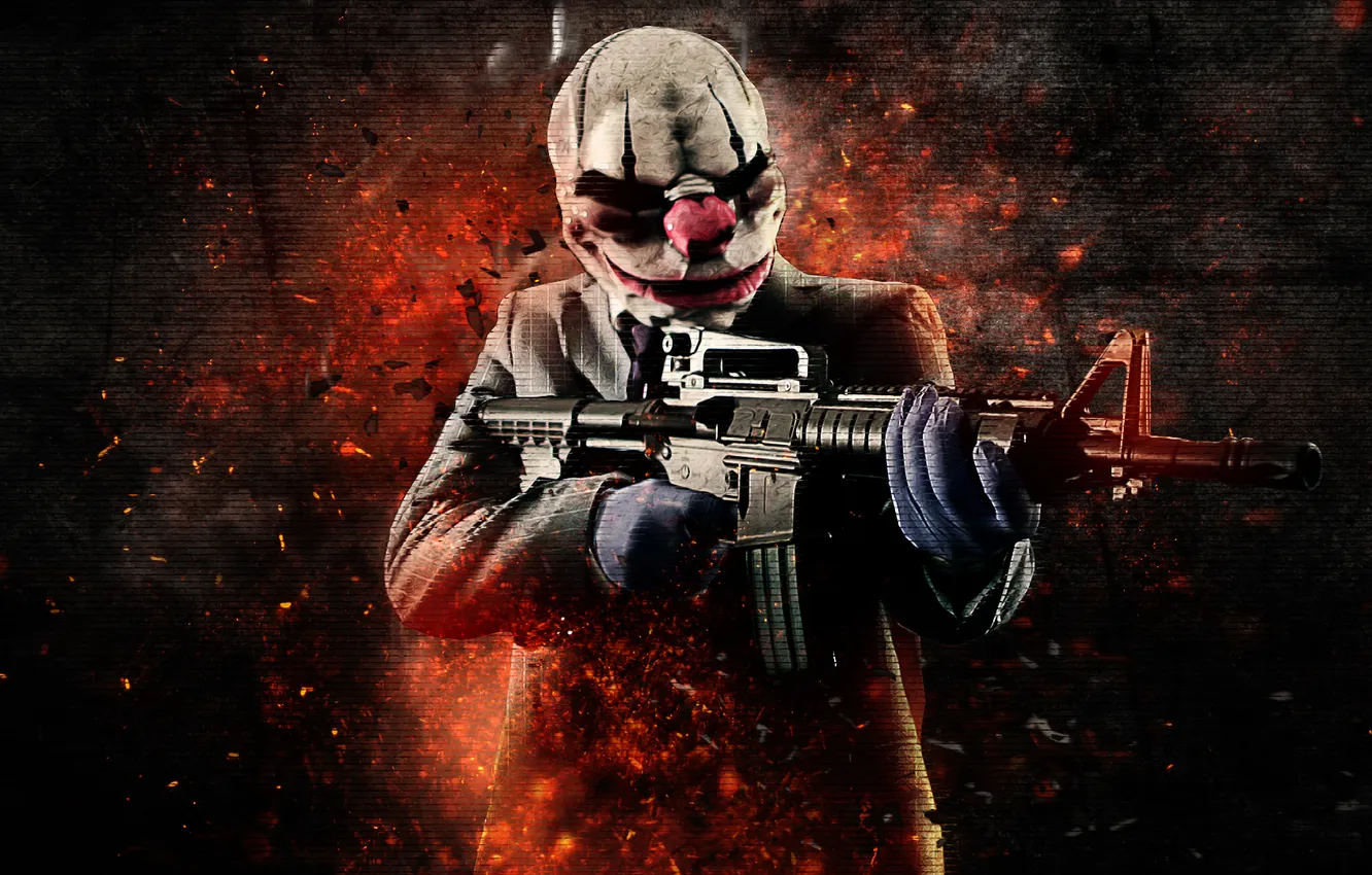 Photo wallpaper M4A1, Background, Weapon, Money, Mask, Payday: The Heist, Overkill Software, Bank Robbery