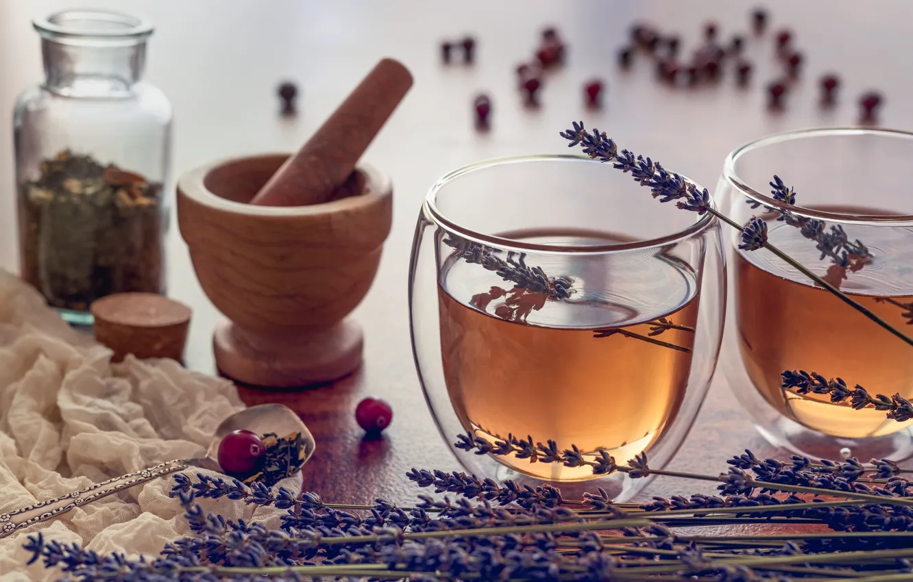 Photo wallpaper tea, lavender, mortar