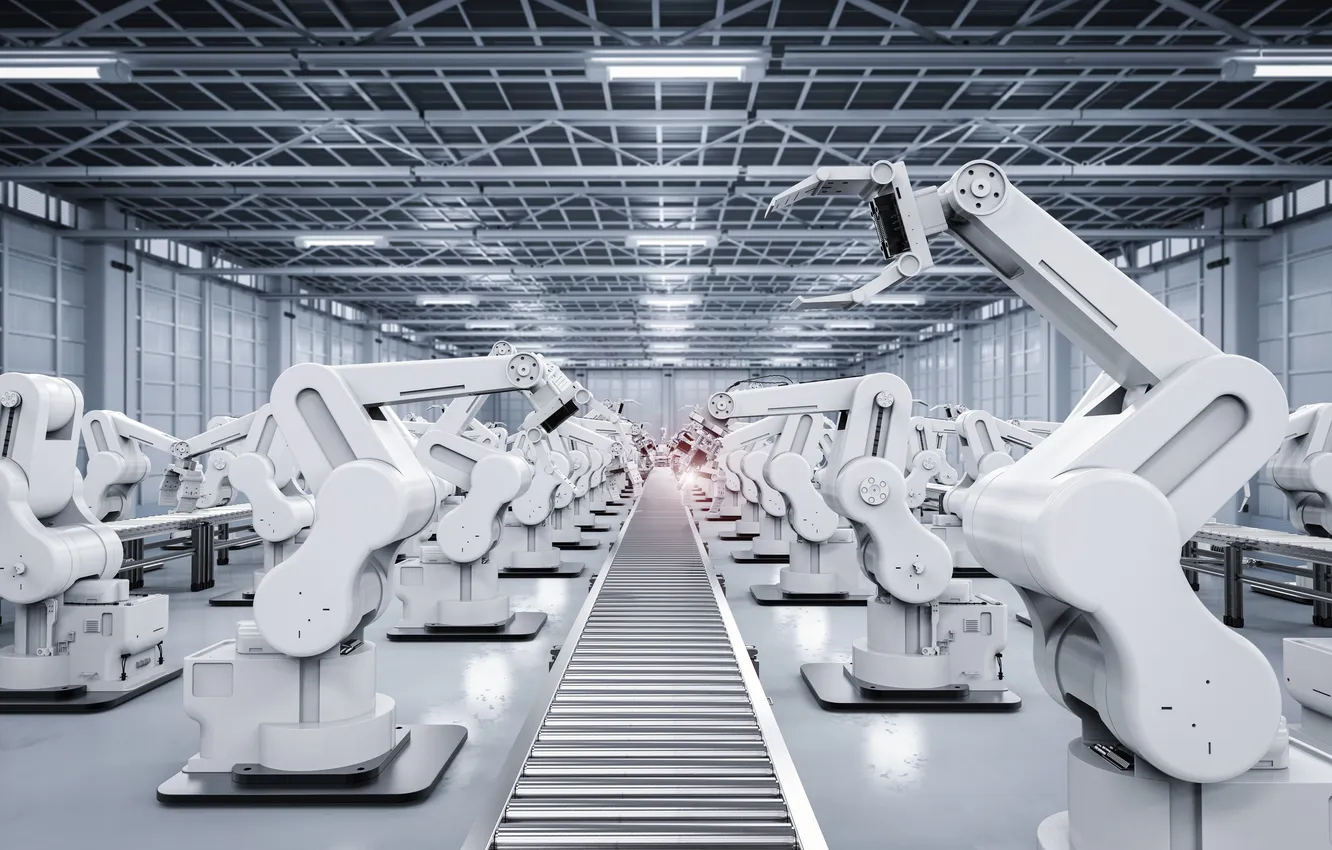 Photo wallpaper factory, industrial, technology, Conveyor belt, Robotic arms, Industry, robot hand