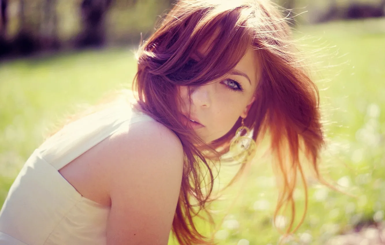 Photo wallpaper look, girl, the wind, redhead, bokeh