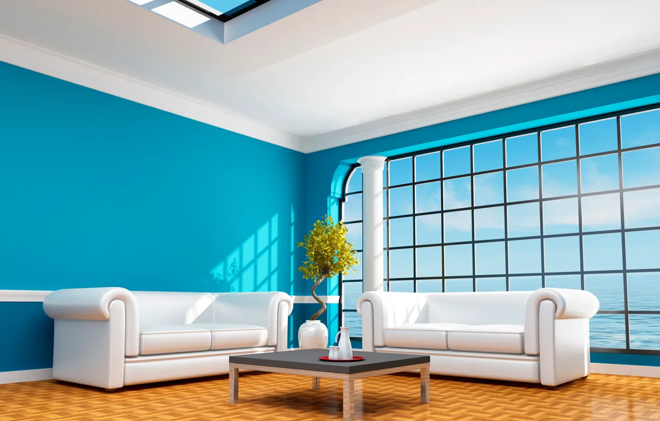 Photo wallpaper design, style, room, interior, turquoise, living room, in 3d rendering, 3d visualization