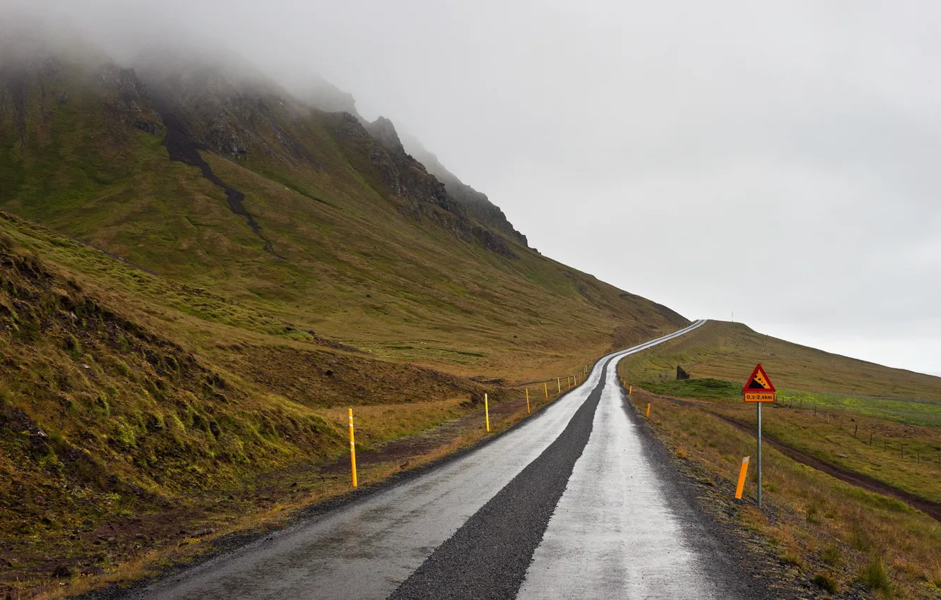 Photo wallpaper road, landscape, fog, mountain