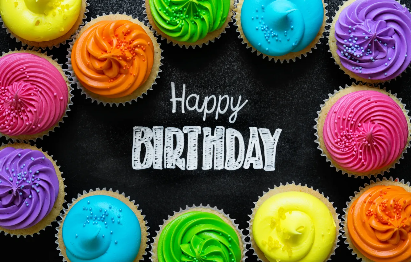 Photo wallpaper candles, colorful, rainbow, cake, cream, Happy Birthday, colours, cupcake