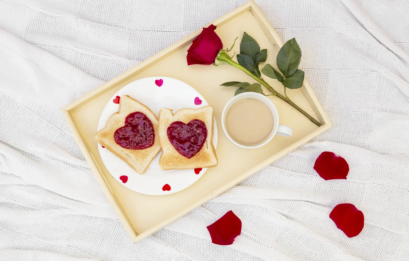 Photo wallpaper love, roses, Breakfast, hearts, love, romantic, hearts, coffee cup