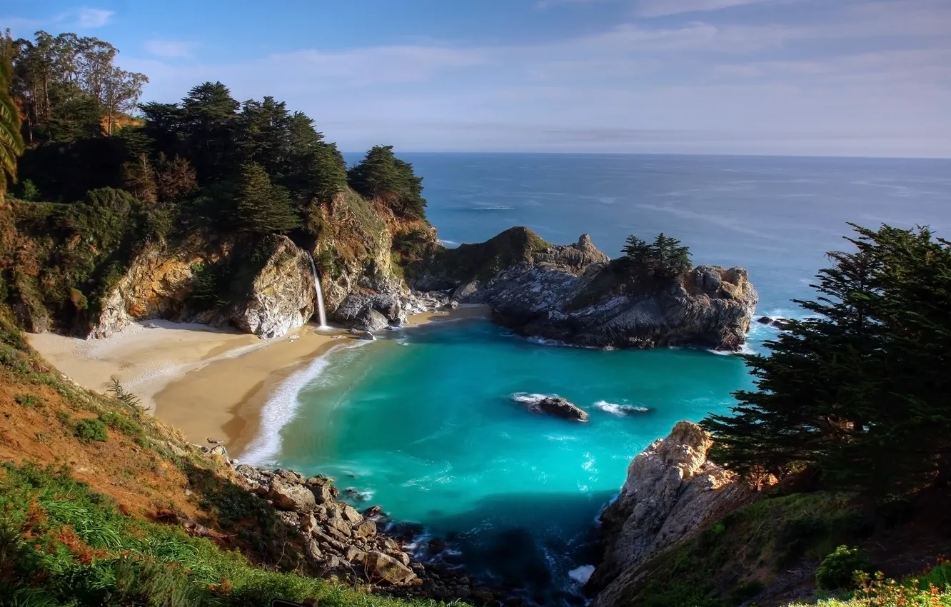 Photo wallpaper sea, beach, rocks, waterfall, Bay