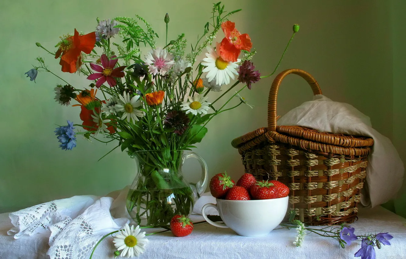 Photo wallpaper flowers, Mac, bouquet, Daisy, strawberry, pitcher, still life, basket