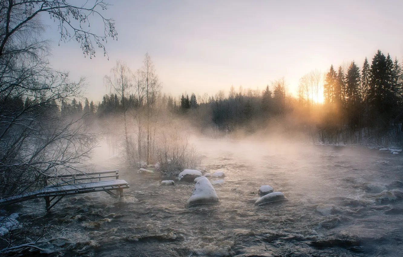 Photo wallpaper winter, fog, river, morning