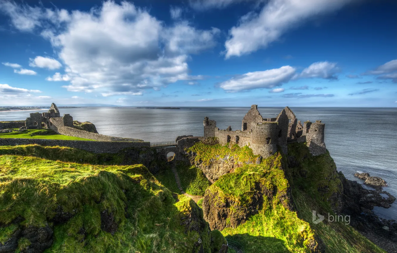 Photo wallpaper sea, the sky, rock, the ruins, ruins, Northern Ireland, Antrim County, Dunluce Castle