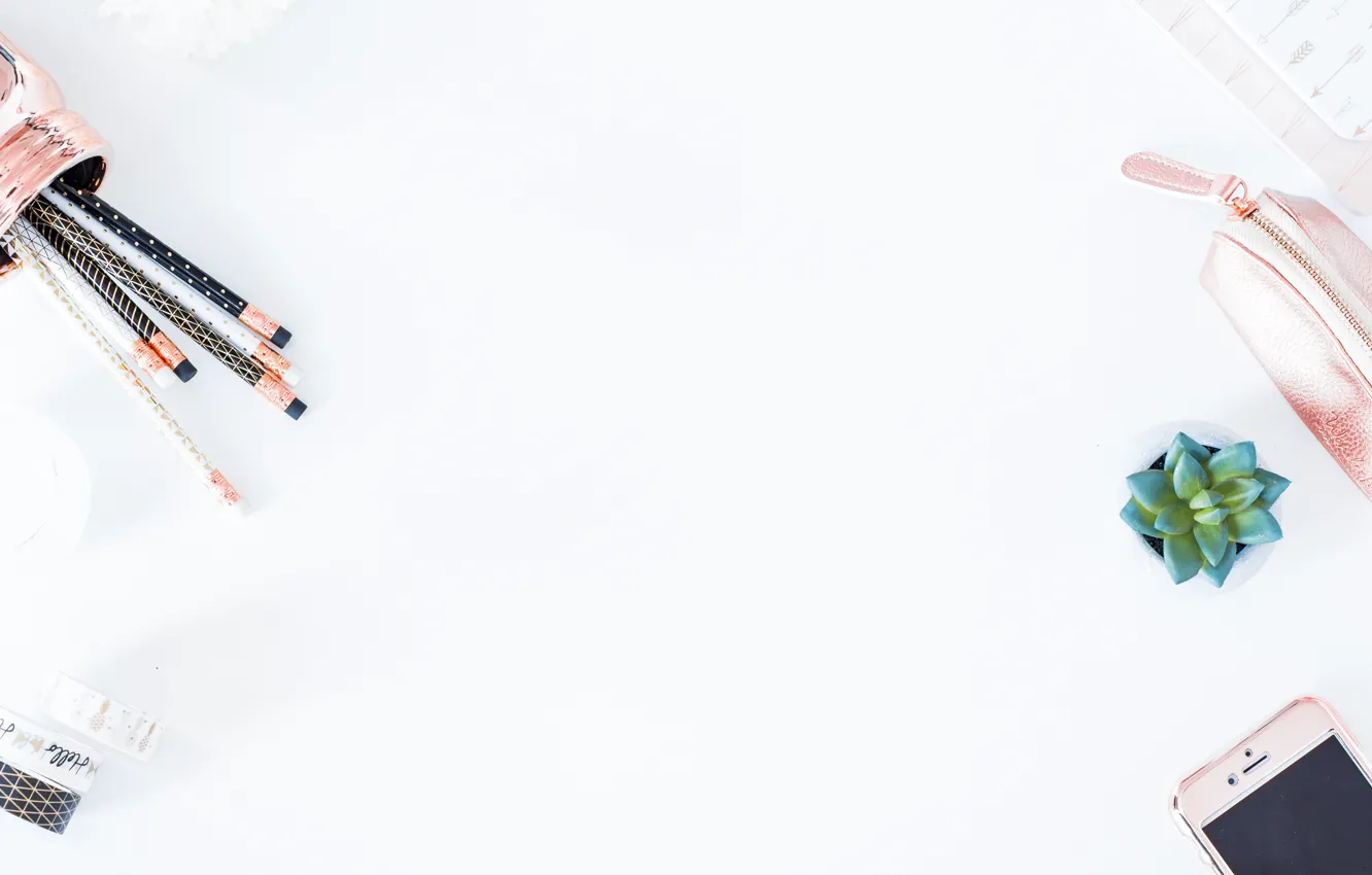 Photo wallpaper style, table, Shine, plant, pencils, phone, style, composition