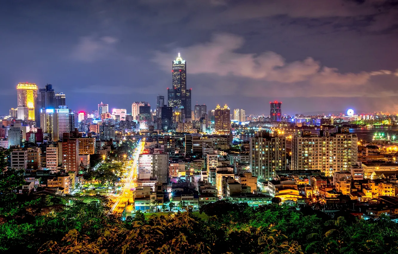 Photo wallpaper road, night, the city, lights, building, home, skyscrapers, backlight