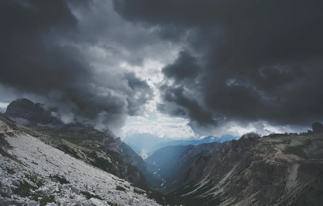 Photo wallpaper clouds, mountains, clouds, river, overcast, the atmosphere, gorge