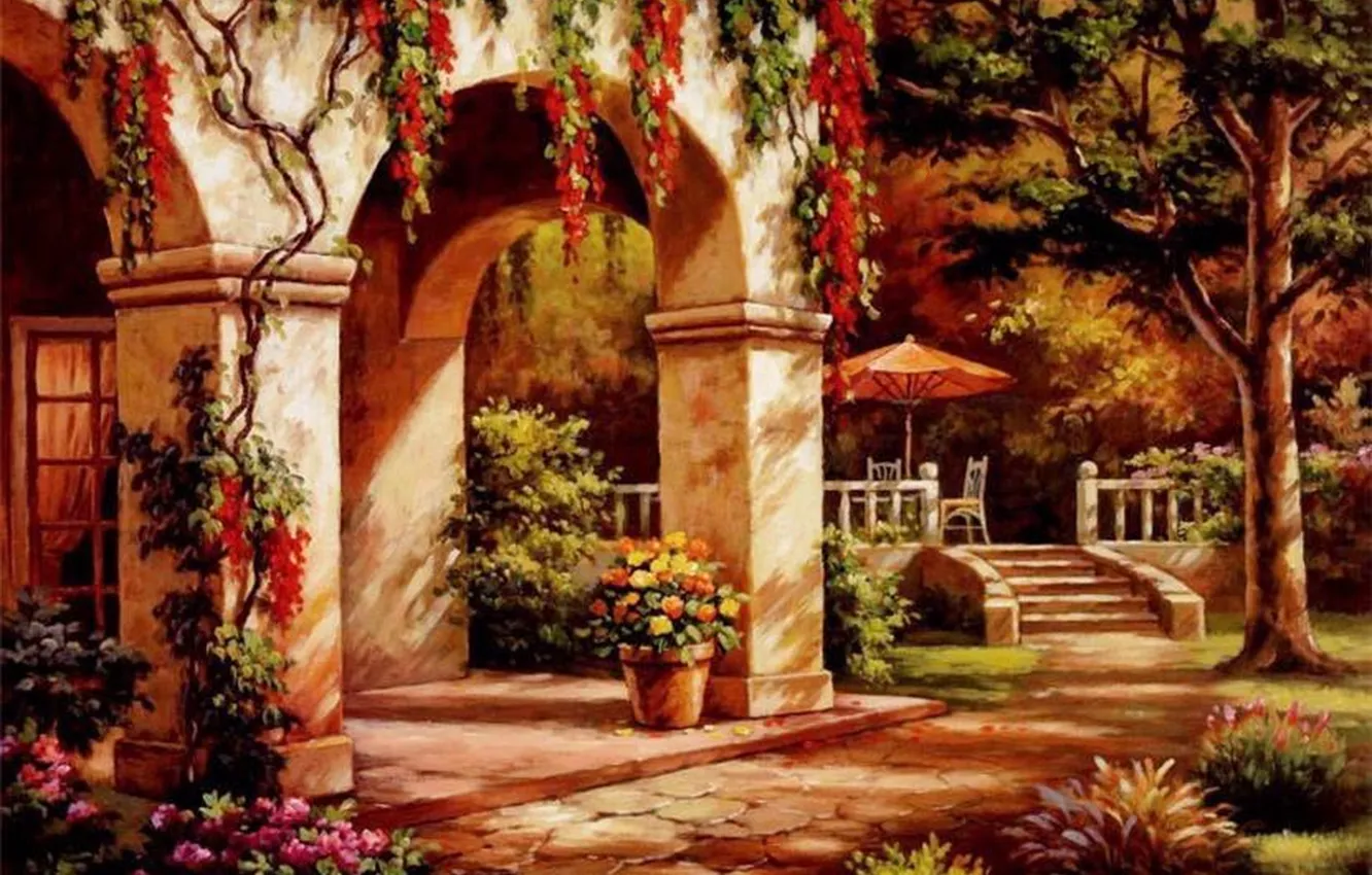 Photo wallpaper autumn, house, picture, arch, painting, facade, painting, Sung Kim
