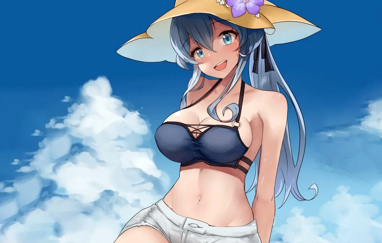 Photo wallpaper girl, sexy, cleavage, shorts, long hair, boobs, anime, beautiful