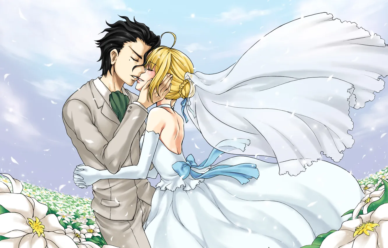 Photo wallpaper anime, art, pair, Lancer, wedding, Saber, Fate/zero
