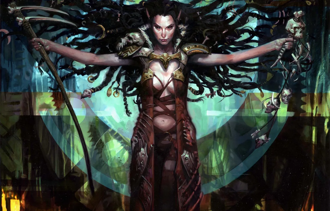 Photo wallpaper girl, weapons, skull, art, bones, braid, elf, shaman