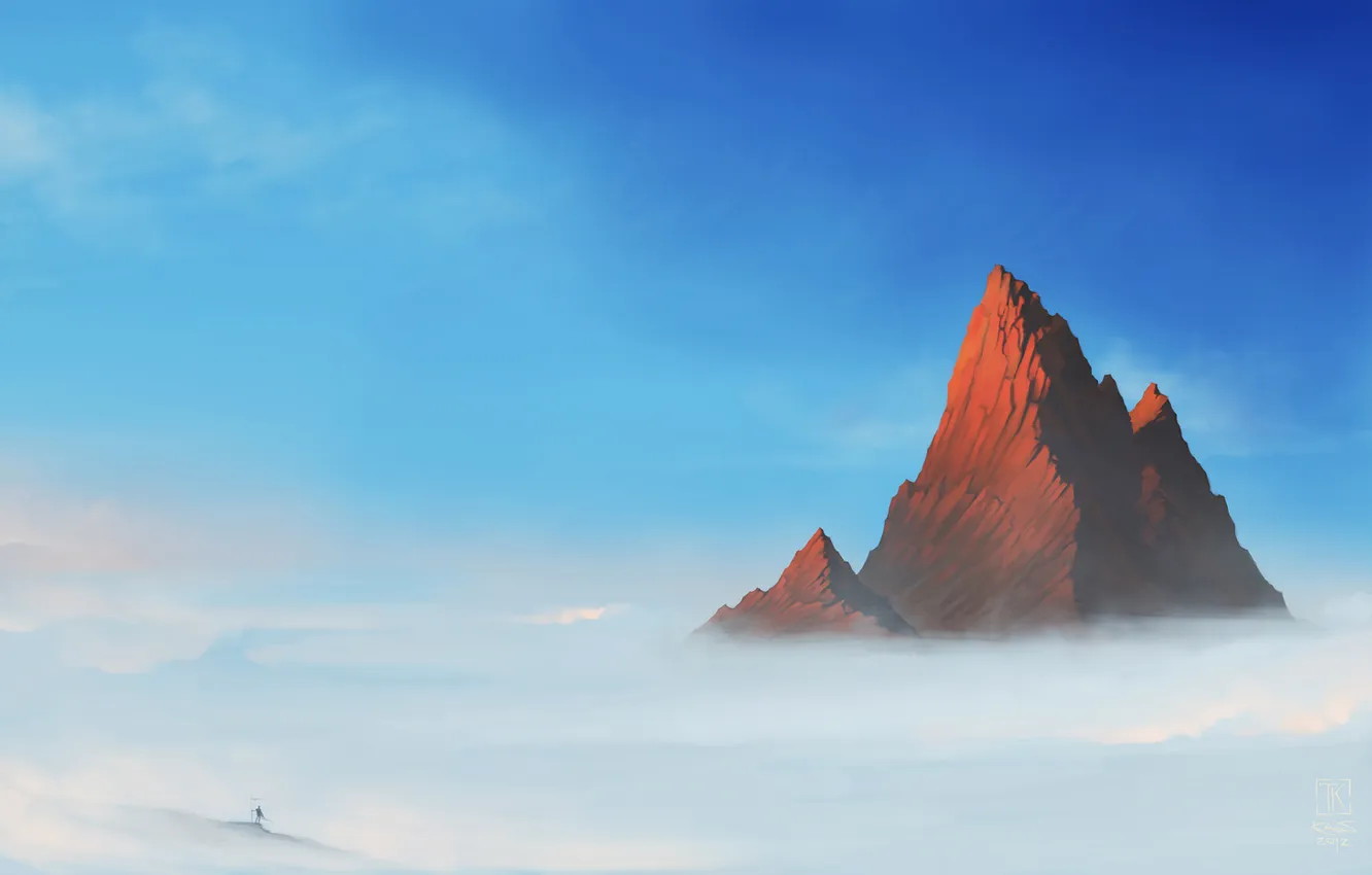 Photo wallpaper clouds, people, height, mountain, art, top, peak