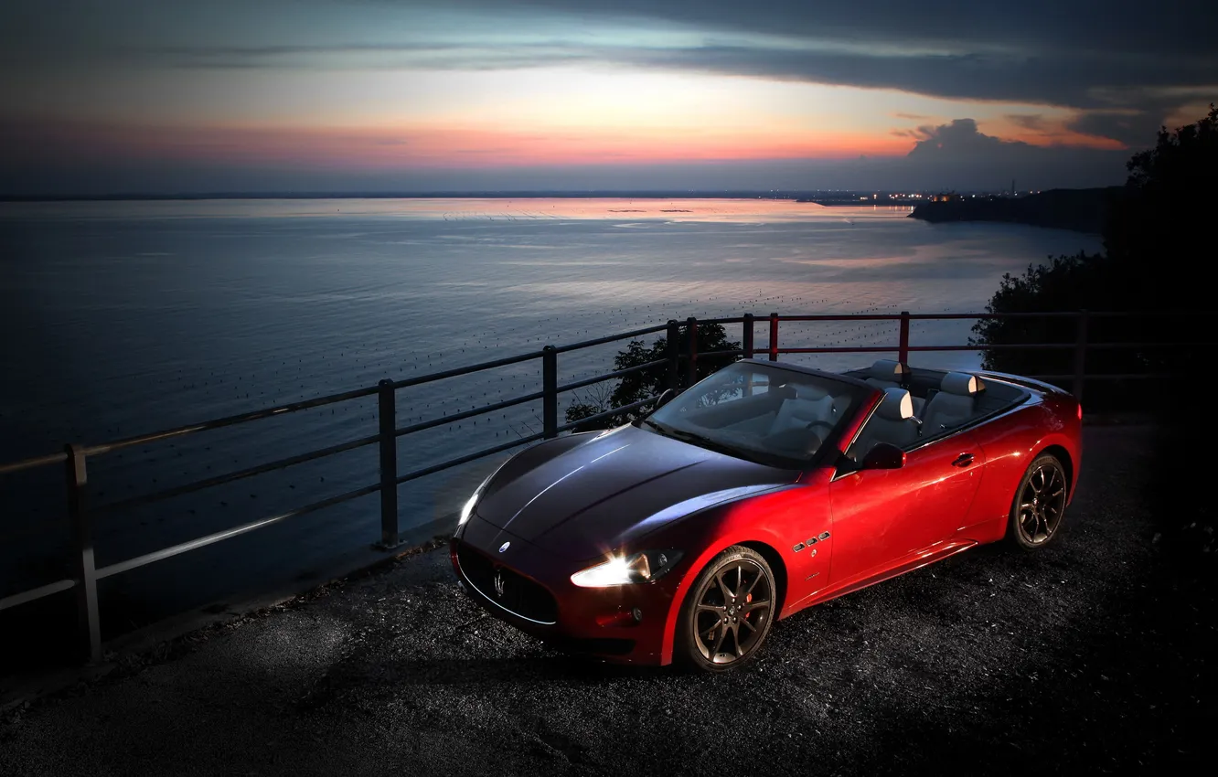 Photo wallpaper sea, sunset, Maserati, Maserati, Sport, GranCabrio
