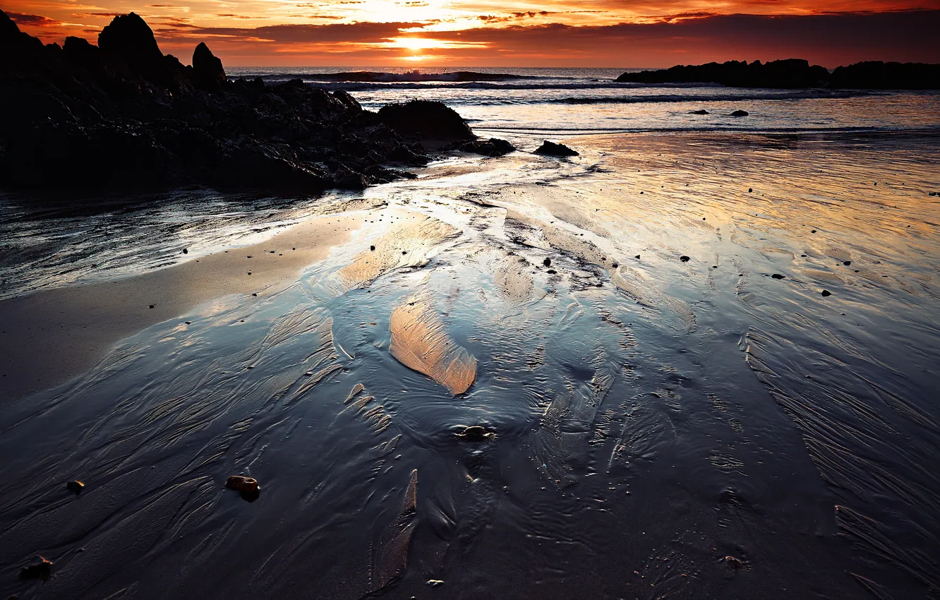 Photo wallpaper sea, beach, sunset, rocks, shore