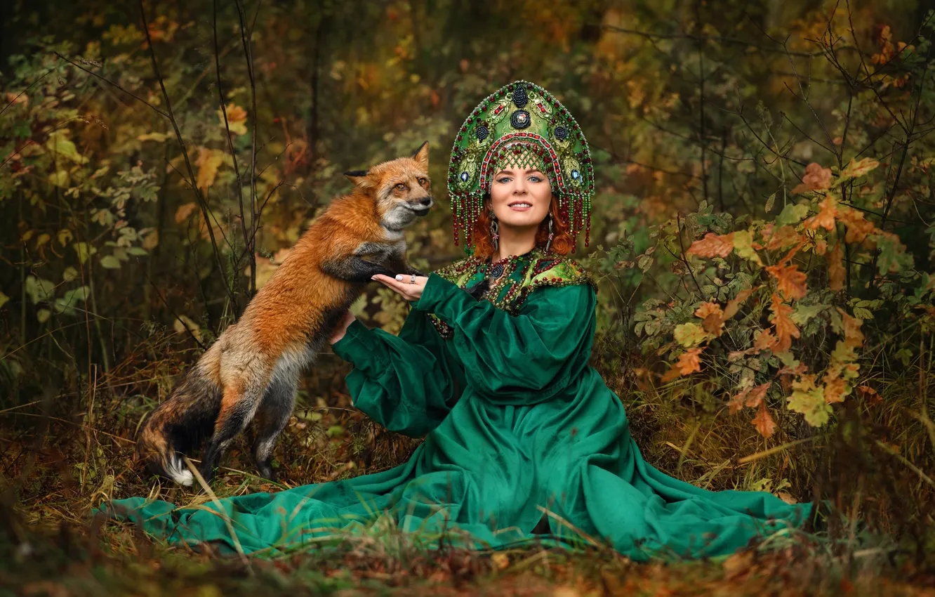 Photo wallpaper autumn, forest, girl, nature, pose, style, Fox, costume