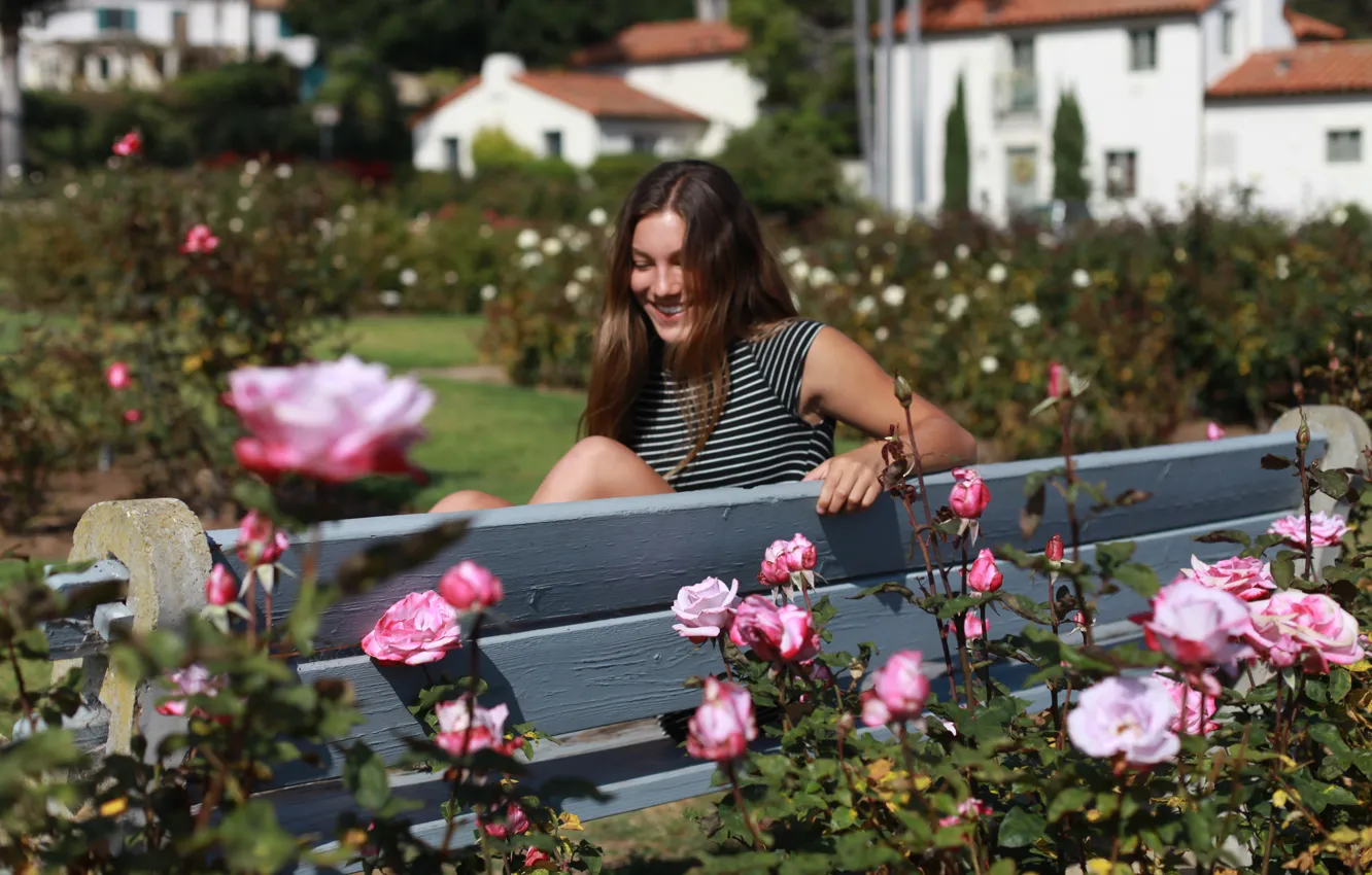 Photo wallpaper girl, flowers, bench, smile, laughter