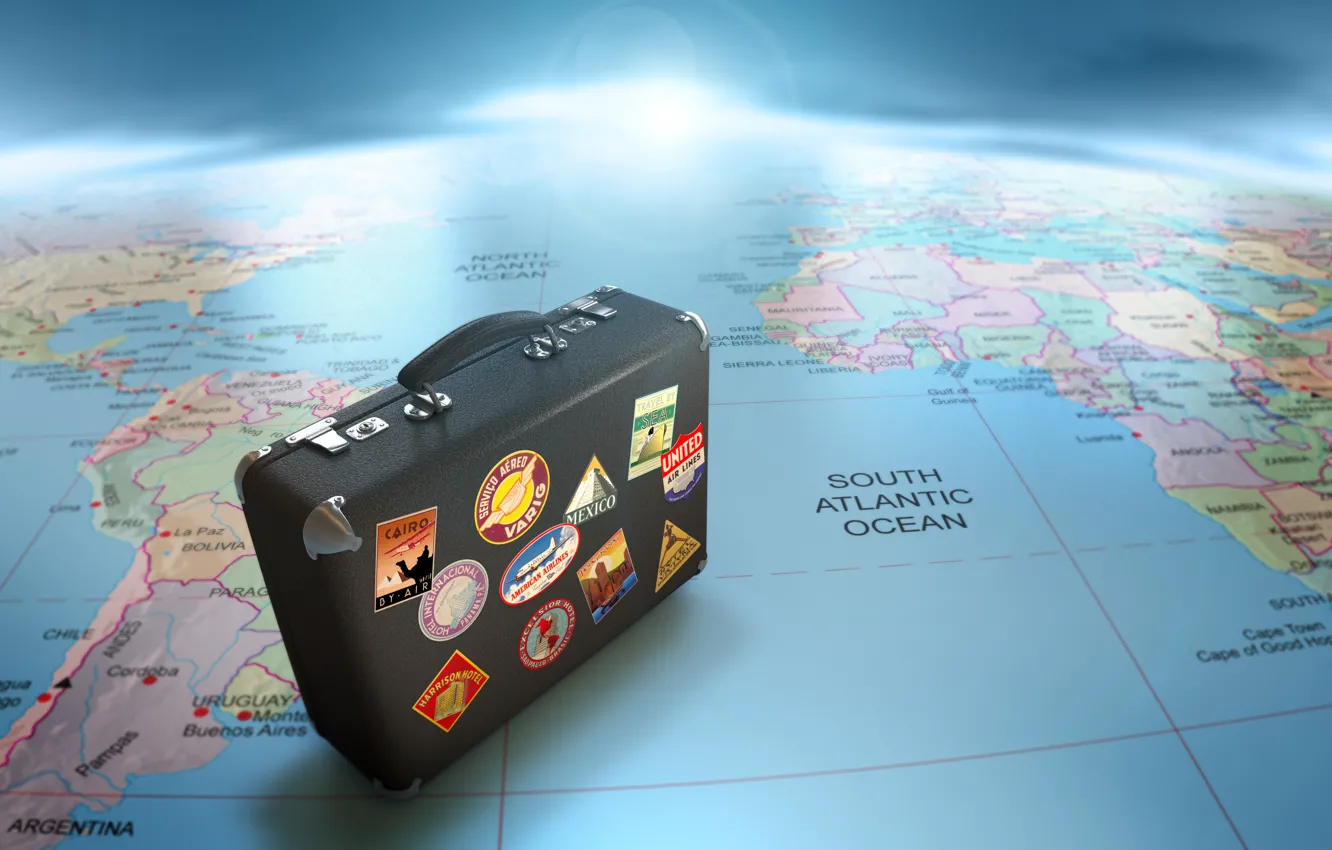 Photo wallpaper map, suitcase, journey, globe