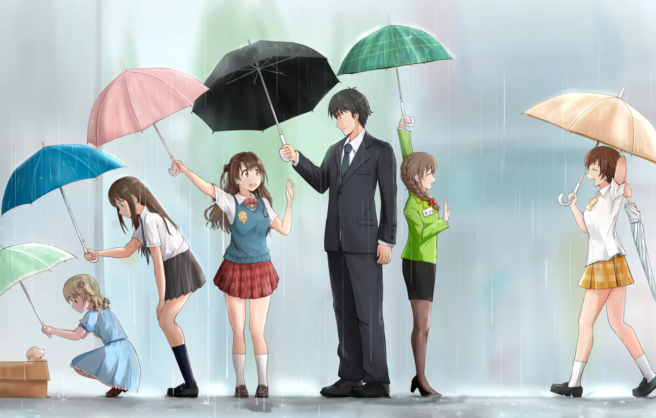 Photo wallpaper girls, rain, umbrellas, puppy, Producer, Uzuki Shimamura, Rin Shibuya, Idolmaster: Cinderella Girls