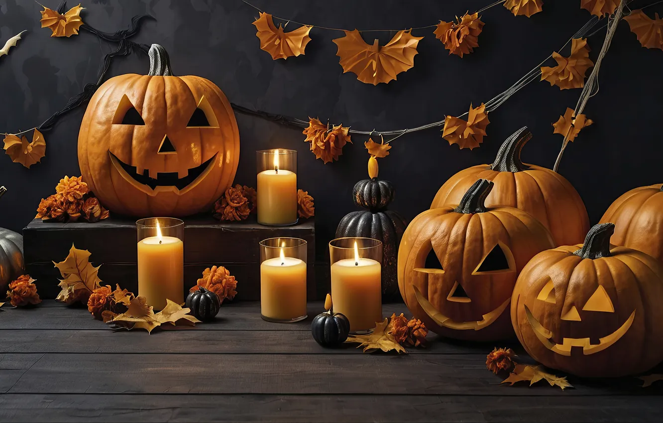 Photo wallpaper autumn, leaves, the dark background, holiday, Board, candles, rope, pumpkin