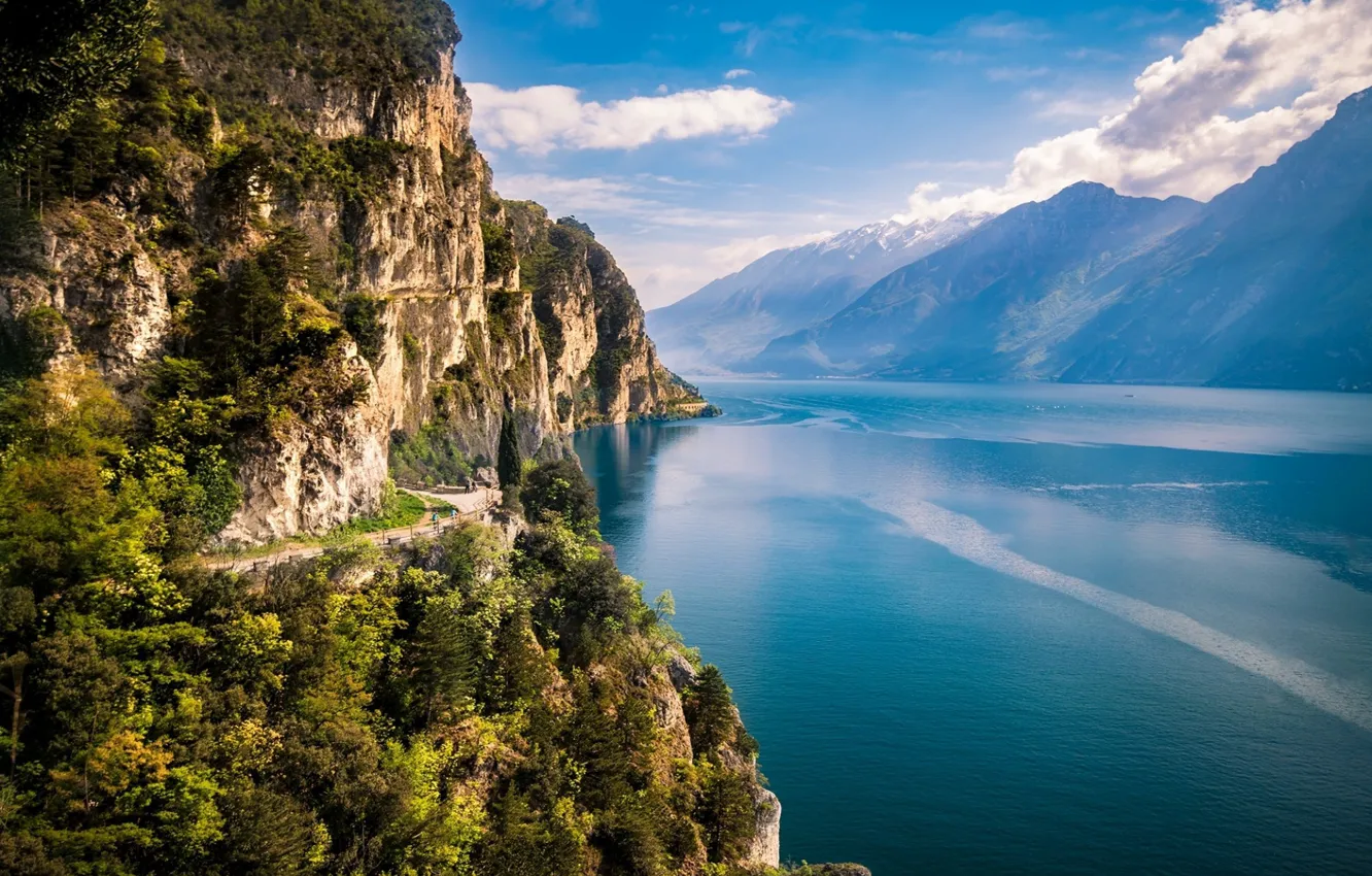 Photo wallpaper mountains, lake, rocks, Italy, Garda