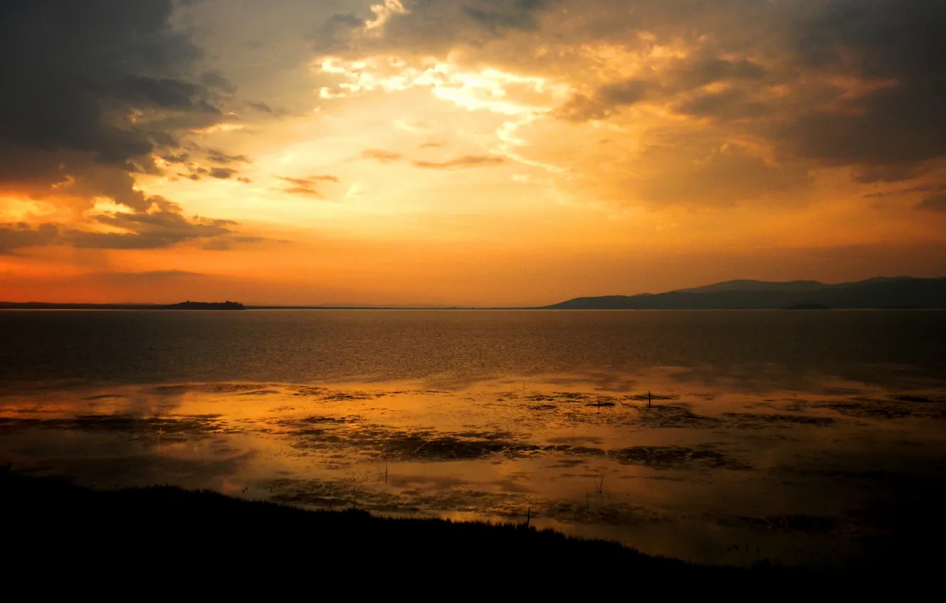 Photo wallpaper sunset, mountains, lake, reflection, Italy