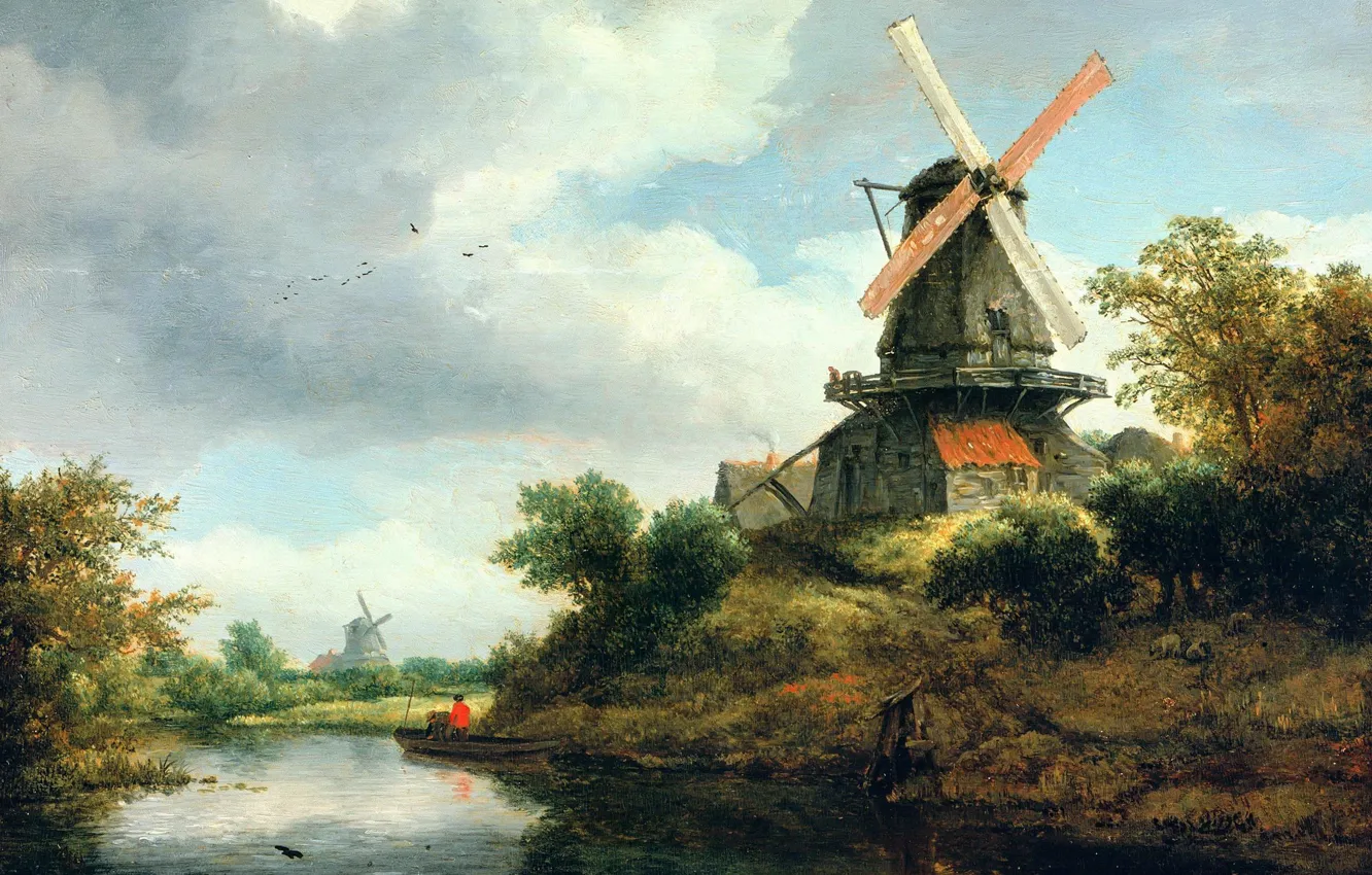 Photo wallpaper picture, Jacob van Ruisdael, Landscape with a Windmill by the River, Jacob van Ruisdael