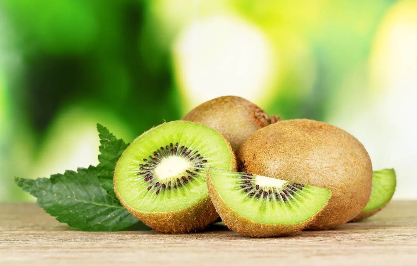 Photo wallpaper leaves, kiwi, fruit, blur