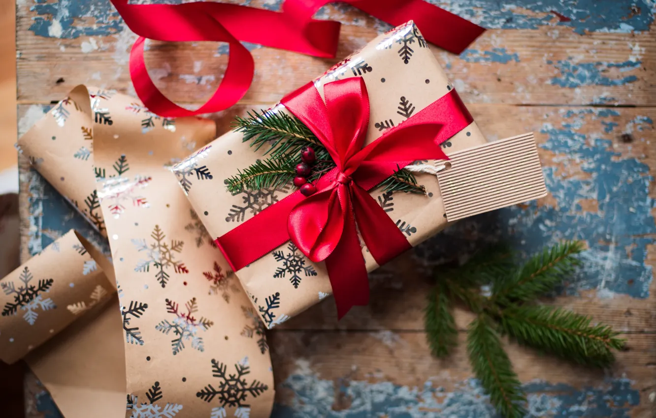 Photo wallpaper branches, box, gift, spruce, tape