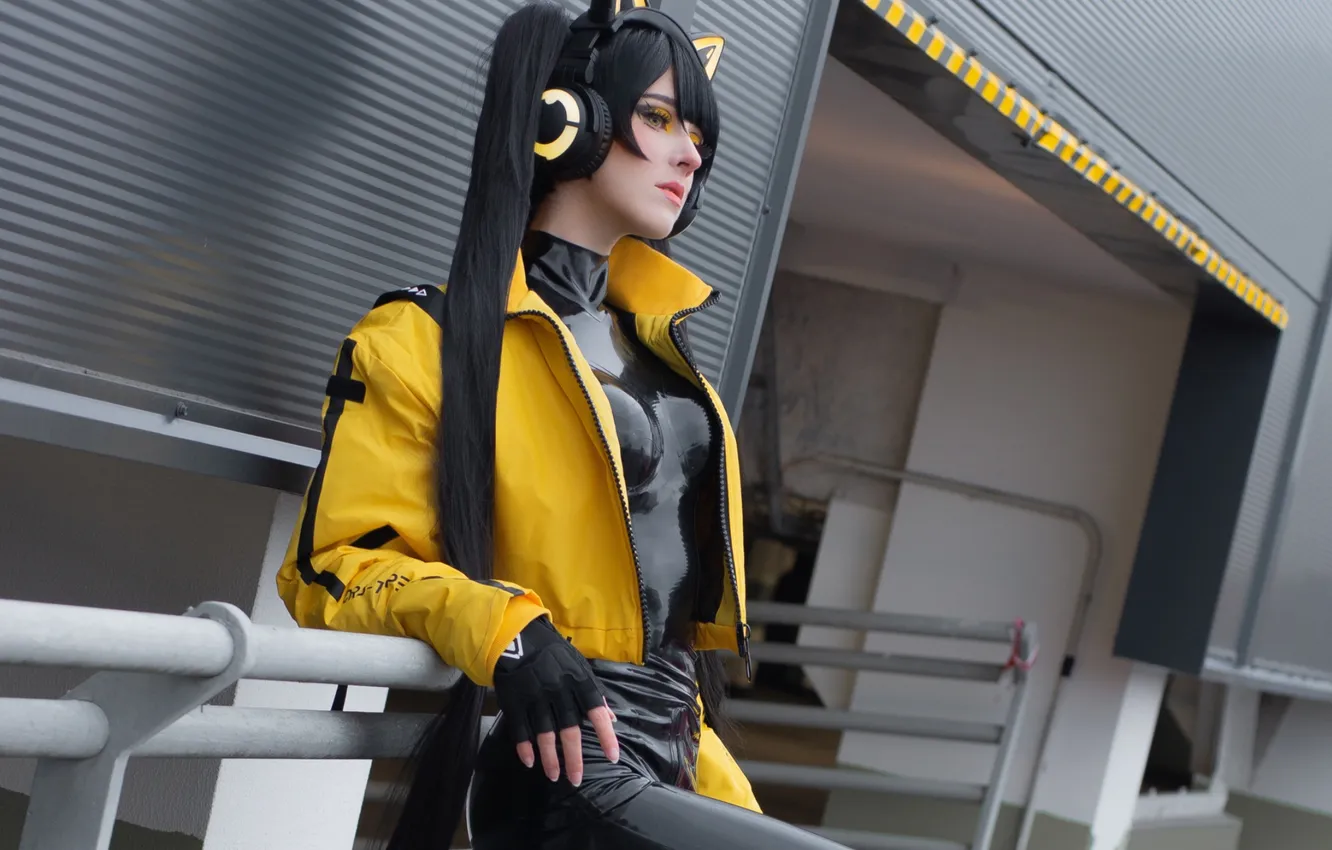 Photo wallpaper woman, model, cosplay, asian, building, jacket, outdoor, latex