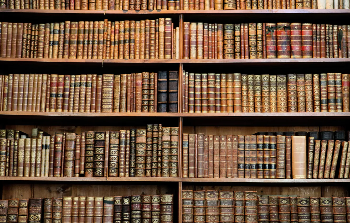 Photo wallpaper wood, books, library, hard cover