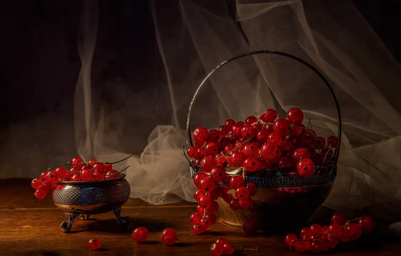 Photo wallpaper light, red, metal, berries, the dark background, table, fabric, still life