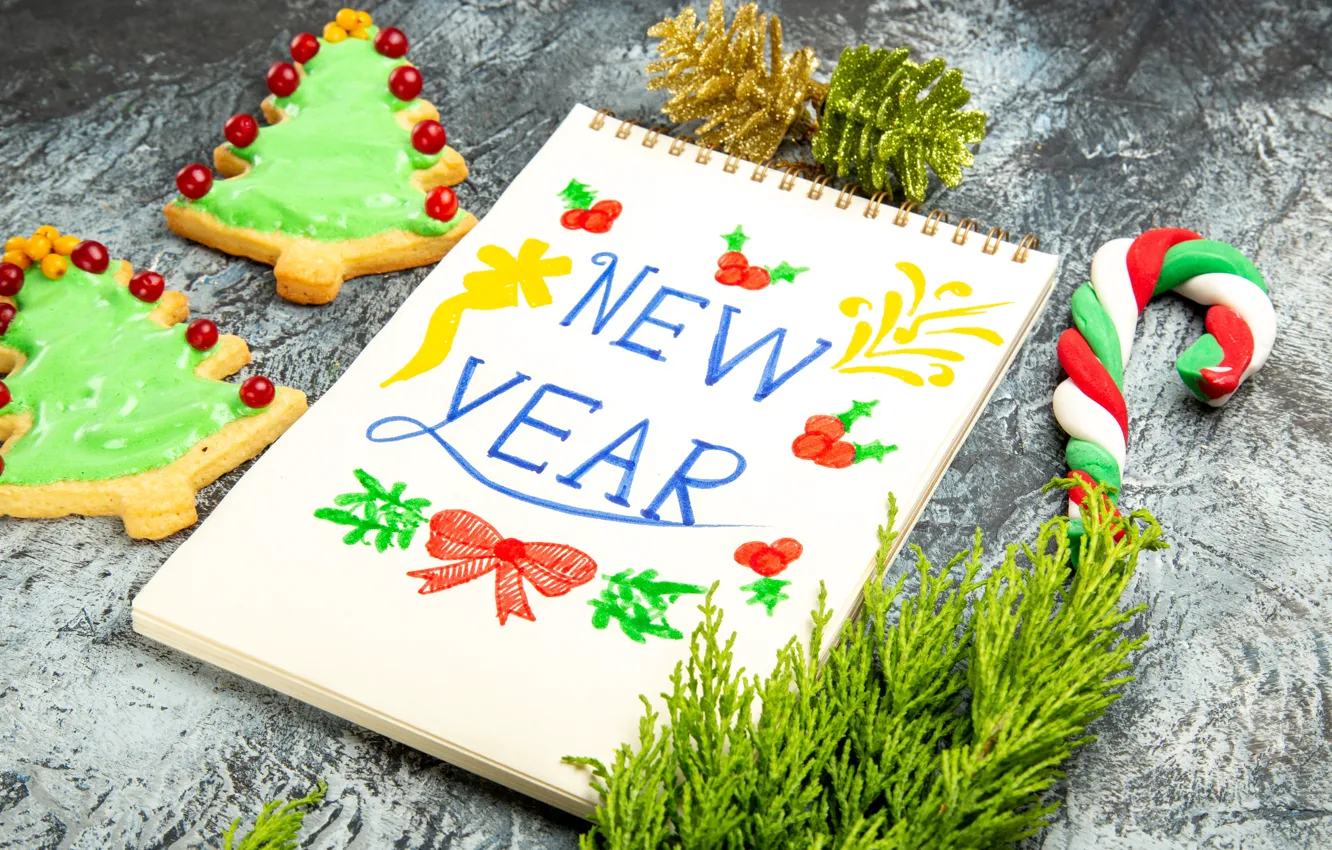 Photo wallpaper branches, paper, table, the inscription, toy, figure, new year, cookies