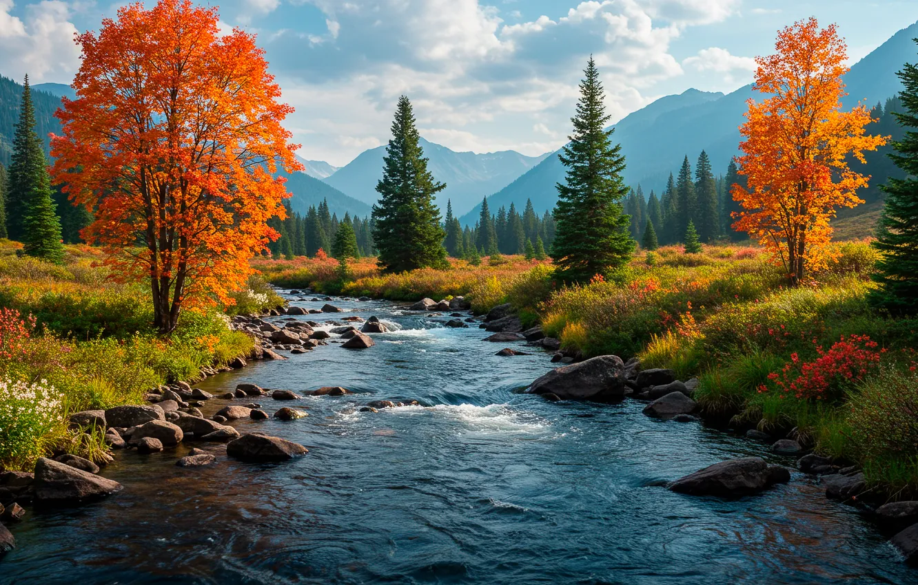 Photo wallpaper autumn, trees, mountains, stream