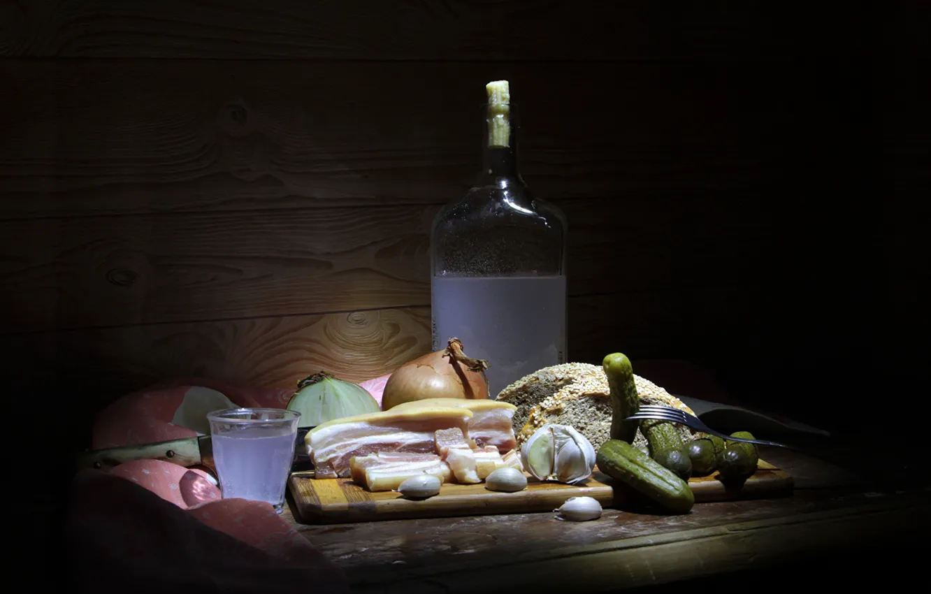 Photo wallpaper bow, bread, tablecloth, cucumbers, garlic, fat, poured glass, russian still life