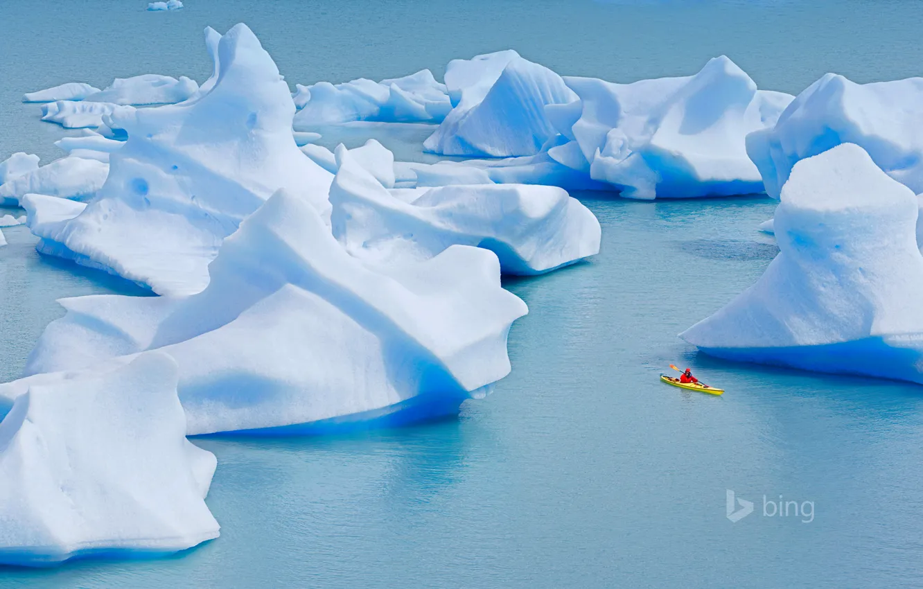 Photo wallpaper ice, iceberg, Chile, kayak, Gray Lake, Torres del Paine National Park