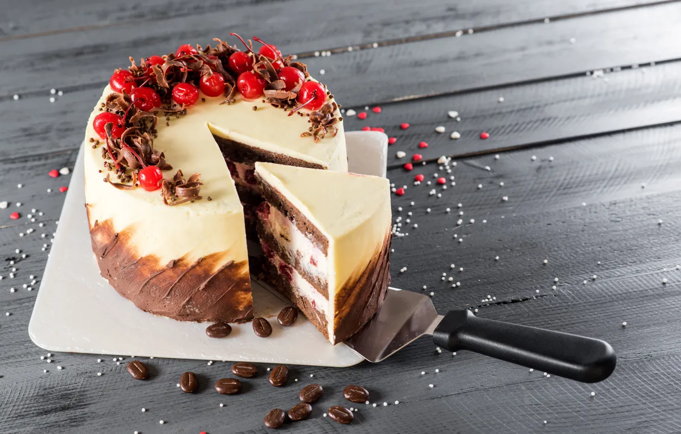 Photo wallpaper cherry, cake, dessert, wood, sweet, dessert