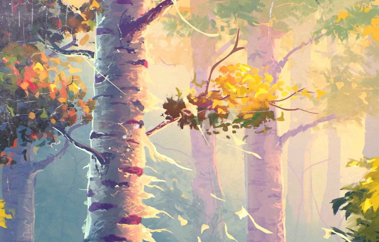 Photo wallpaper autumn, trees, nature, painting, birch