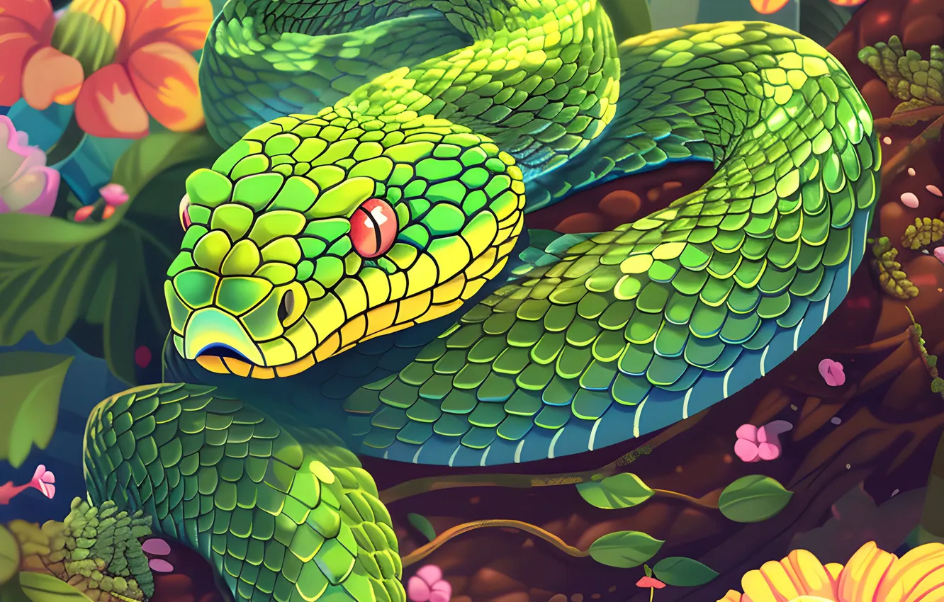 Photo wallpaper look, face, flowers, animal, snake, art, reptile, digital art