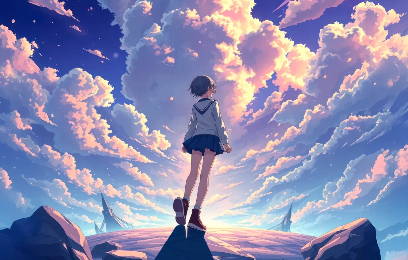 Photo wallpaper dream, clouds, anime, uniform, anime, short hair, clouds, dreams